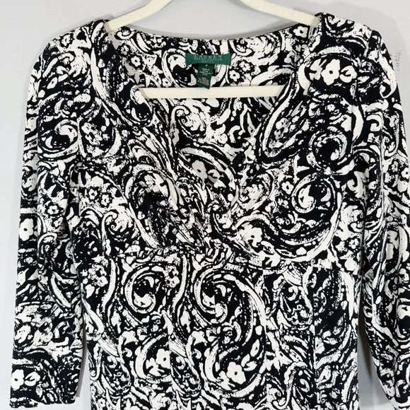 Lauren Ralph Lauren Paisley Print Jersey Knit Dress Size 6 Black White Stretch - Picture 3 of 10
